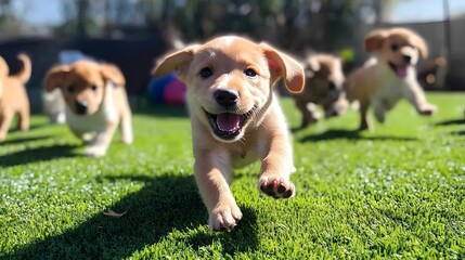 A playful scene featuring adorable puppies joyfully running across a vibrant green lawn, showcasing their energy and innocence in a sunny outdoor environment.