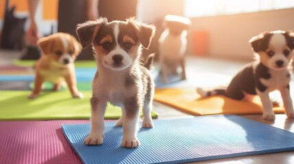 A playful scene of adorable puppies engaged in a yoga class, showcasing their curiosity and energy on colorful mats in a sunlit room. Perfect for pet lovers and wellness themes.