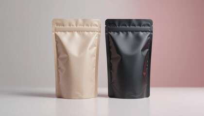 Kraft and Black Stand Up Pouches Mockup on Pink and White Background