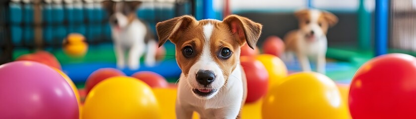 A playful scene with adorable puppies surrounded by colorful balls in a cheerful environment, capturing the joy and energy of young dogs at play.