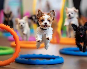 A playful scene of small dogs joyfully jumping through colorful rings in a bright environment, capturing their energy and enthusiasm for training and playtime.