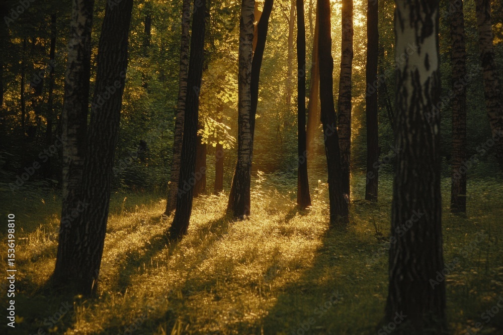 Aufkleber sunlight filters through trees in a belarus forest on a warm summer day, forest in belarus on a summ