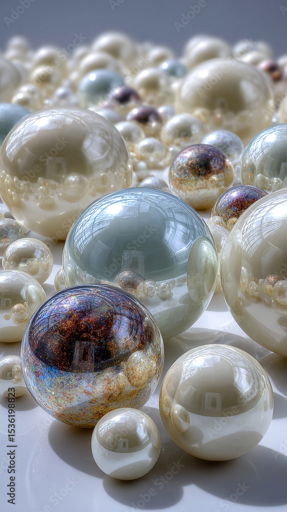 Aufkleber glistening white orbs of varying sizes arranged on a pristine white backdrop, creating a minimalist,
