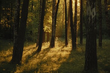 Fototapeta premium Sunlight filters through trees in a Belarus forest on a warm summer day, Forest in Belarus on a summer day with sun shining on tree trunks