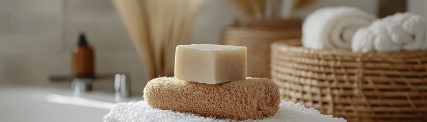 A serene bathroom setting featuring a natural soap bar resting on a loofah sponge, surrounded by cozy towels and warm decor, perfect for relaxation and self-care.