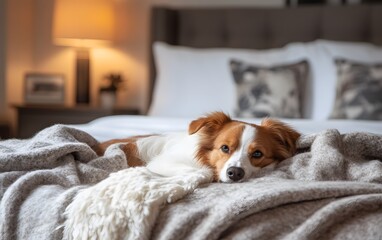 A serene dog resting comfortably on a cozy bed, draped in soft blankets. The warm ambiance creates a peaceful atmosphere perfect for relaxation and companionship.
