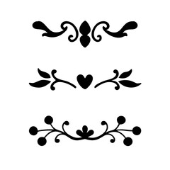 Text dividers with hearts doodle set. Wedding decorative elements. Divider ornament, borders, lines. Hand drawn vector illustration isolated on white background
