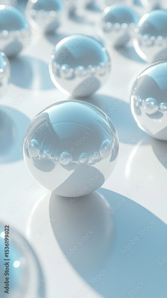 Aufkleber glistening white orbs of varying sizes arranged on a pristine white backdrop, creating a minimalist,