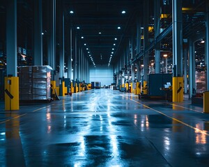 A spacious and well-lit warehouse features an expansive floor with reflective surfaces