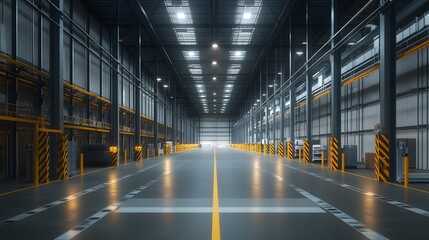 A spacious, well-lit industrial warehouse featuring high ceilings and organized storage areas. The clean design highlights efficiency and functionality in a modern workspace.