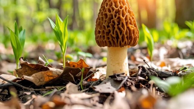 Closeup shot of a morel mushroom with distinctive pitted cap growing in the spring forest with sunlight and young green plants