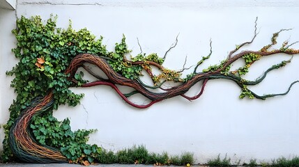 A stunning wall art piece featuring a beautiful branch intertwined with vibrant green ivy, creating an organic and artistic element in an urban setting.