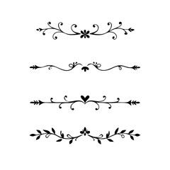 Text dividers with hearts doodle set. Wedding decorative elements. Divider ornament, borders, lines. Hand drawn vector illustration isolated on white background
