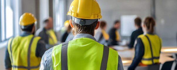 A team of construction workers in safety gear participates in a meeting, discussing project plans and strategies