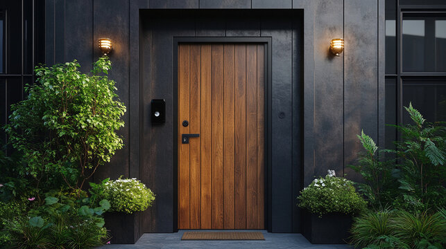 Black digital door lock installed on wooden door, smart home access system, keyless electronic security, modern apartment entrance, advanced protection technology.

