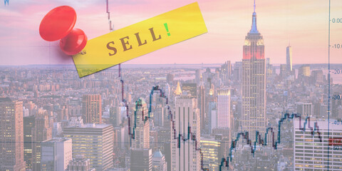 forex chart on cityscape with skyscrapers wallpaper double exposure. financial research concept.