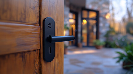 Black digital door lock installed on wooden door, smart home access system, keyless electronic security, modern apartment entrance, advanced protection technology.

