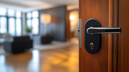 Black digital door lock installed on wooden door, smart home access system, keyless electronic security, modern apartment entrance, advanced protection technology.

