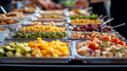 Buffet table with a variety of foods at an office event, employees enjoying business lunch or party, catering setup, lively atmosphere, blurred background for context

