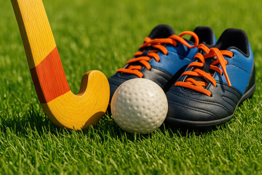 Colorful field hockey stick, black and blue athletic shoes, and white ball resting on vibrant green grass outdoors during sunny day