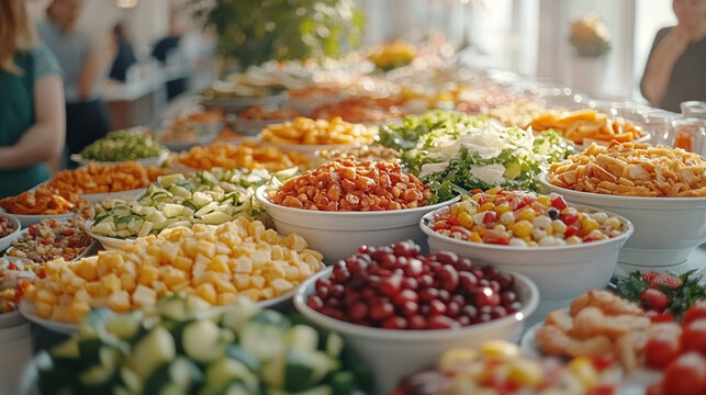 Buffet table with a variety of foods at an office event, employees enjoying business lunch or party, catering setup, lively atmosphere, blurred background for context

