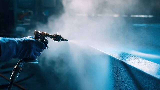 Industry Application: A skilled worker uses a spray gun to apply paint onto a metal surface, enveloped in a cloud of mist, creating a sense of industry and precision. 