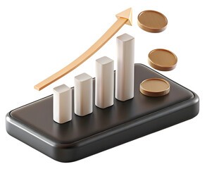 3d bar chart with upward arrow and gold coins representing isolated on transparent PNG.