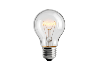 A light bulb is lit up and is sitting on a white background