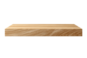 A wooden shelf is empty and sits on a white background