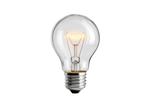 A light bulb is lit up and is sitting on a white background