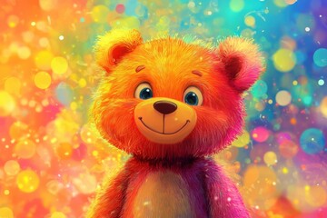Fototapeta premium A colorful teddy bear with a big smile on its face. The bear is standing in front of a colorful background with a lot of blurs and dots.