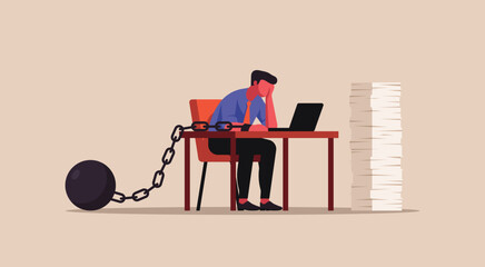 Tired man working on a laptop to meet deadlines under pressure and burnout, chained at the wrist, surrounded by towering paperwork, concept of task overload and restriction, flat vector illustration