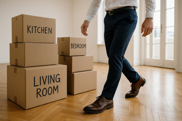 Man walking in modern apartment with labeled cardboard moving boxes for kitchen, bedroom, and living room organization