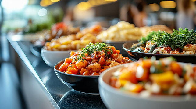 Buffet table with a variety of foods at an office event, employees enjoying business lunch or party, catering setup, lively atmosphere, blurred background for context