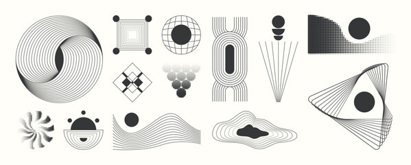 Obraz na płótnie Canvas Abstract minimal element mid century vector set. Aesthetic contemporary stripe line art, geometric shape in monochrome. Art form design for wall art, decoration, wallpaper. 