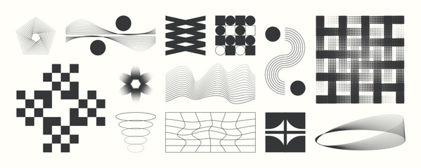 Fototapeta na wymiar Abstract minimal element mid century vector set. Aesthetic contemporary stripe line art, geometric shape in monochrome. Art form design for wall art, decoration, wallpaper. 