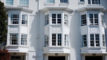 Bay windows arranged elegantly on a white building facade, contributing to its architectural grace.