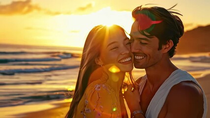 Sweet Couple Under Golden Sunset on the Beach - Powered by Adobe