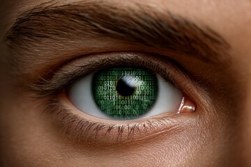 Obraz premium Close-up of eye with binary code reflection in pupil