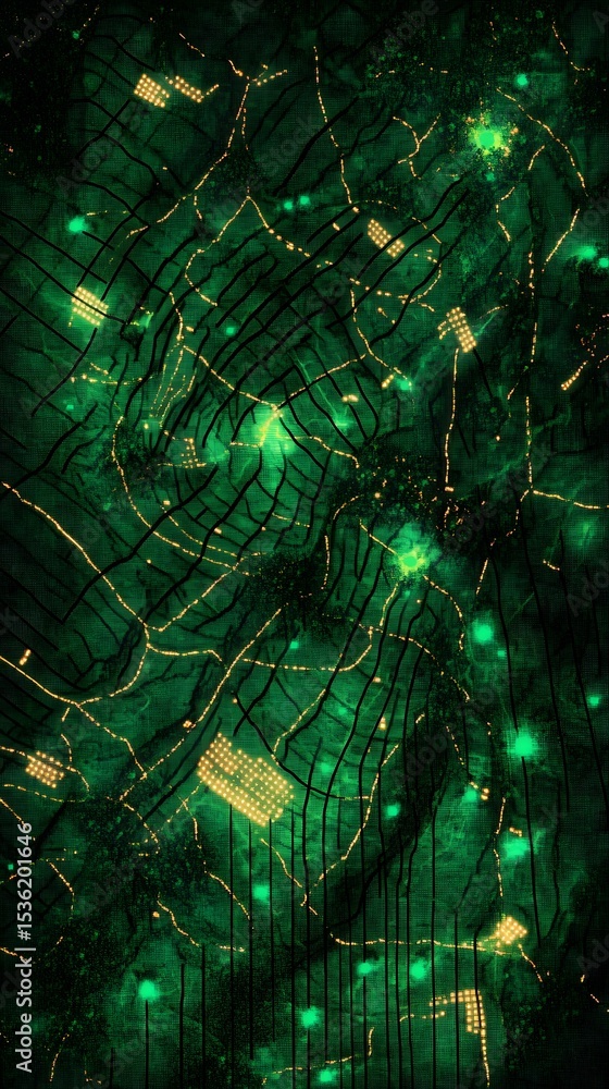 Poster intricate network of glowing emerald lines and clusters.