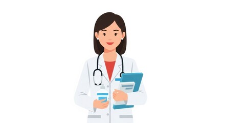 Fototapeta premium Professional Female Doctor Holding Medical Documents and a Cup, Symbolizing Healthcare and Wellness