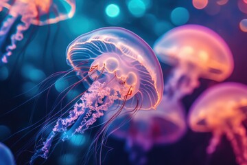 Fototapeta premium Vibrant jellyfish floating gracefully in a colorful aquatic environment at twilight, very beautiful colorful jellyfish seamless ing time lapse virtual Photo Background