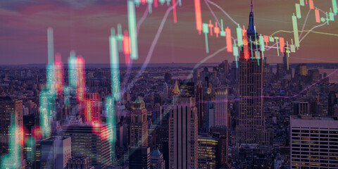 forex chart on cityscape with skyscrapers wallpaper double exposure. financial research concept.