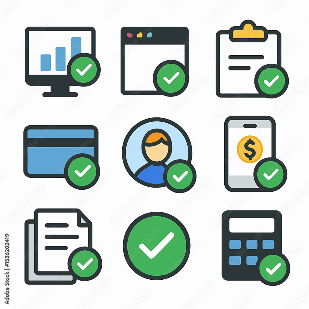Poster a collection of various business and finance icons marked with checkmarks.