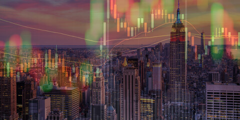 forex chart on cityscape with skyscrapers wallpaper double exposure. financial research concept.