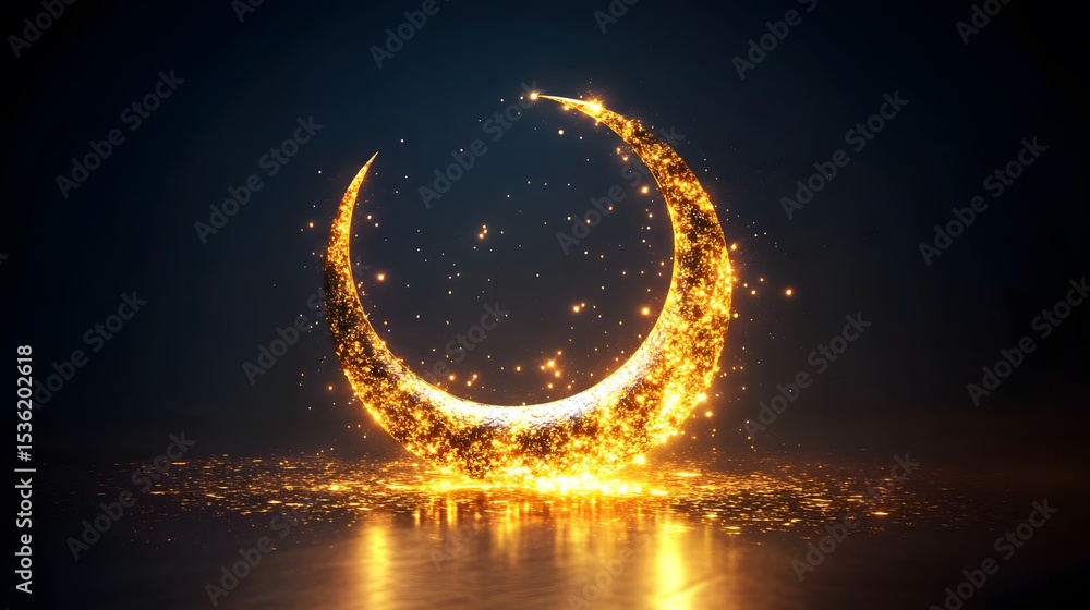 Poster illuminated crescent moon design with golden particles.