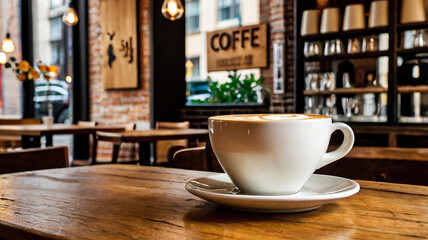 Fototapeta premium Two Cups of Coffee with Latte Art on a Wooden Table in a Crowded Cafe