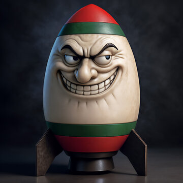 Egg-shaped 3d cartoon bomb with rocket nozzle, standing on stabilizers, featuring a generic meme face with a wide evil grin. Satire concept for any trending projects against a nuclear threat