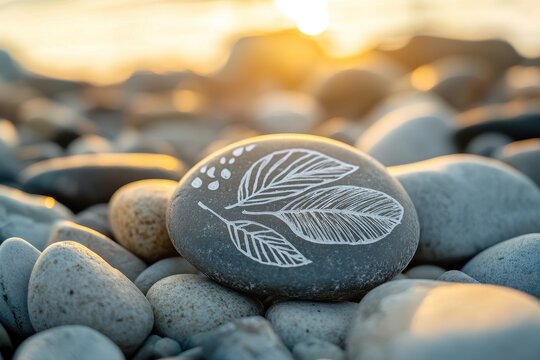 Smooth etched stones featuring leaf designs resting on a rocky beach at sunset, Smooth, etched stones with leaf design on rocky beach in sunlight - Powered by Adobe
