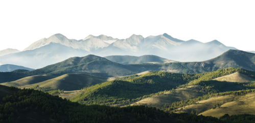 Layered mountain ranges with rolling green hills shrouded in morning mist isolated on transparent background